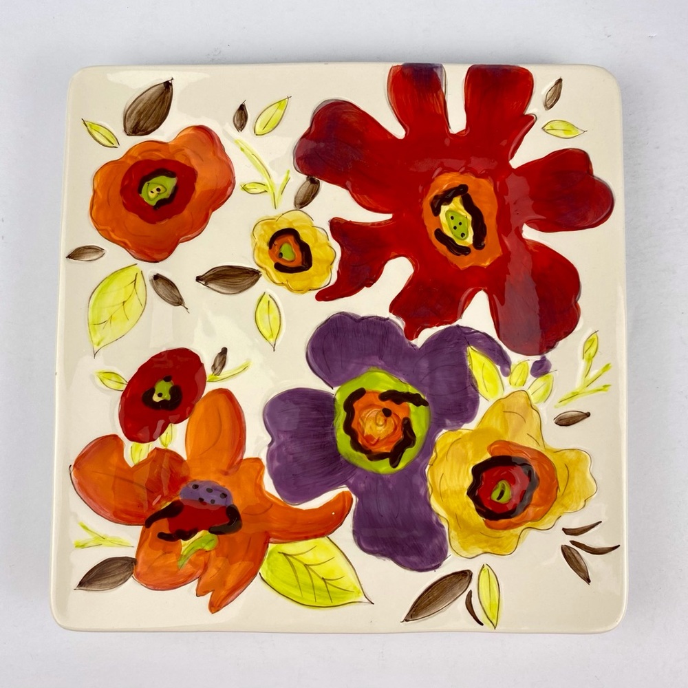 Laurie Gates Floral Ceramic Square 8.75 in Side Salad Dessert Plate, Floral